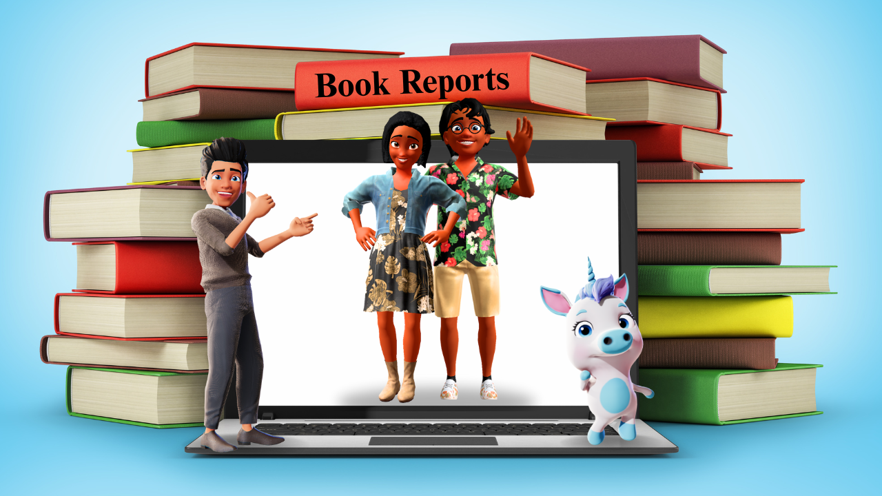 animated book report and middle school book report template made with krikey ai cartoon characters