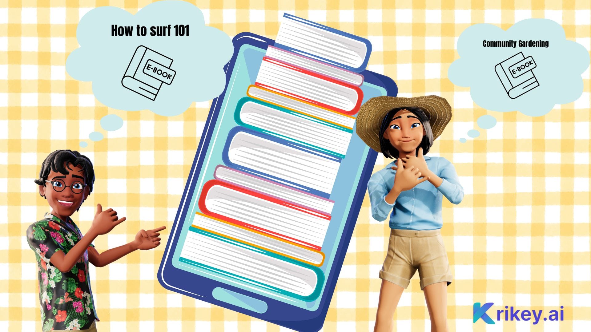 Animated character standing in front of and thinking about ebook designs for their ebook ideas