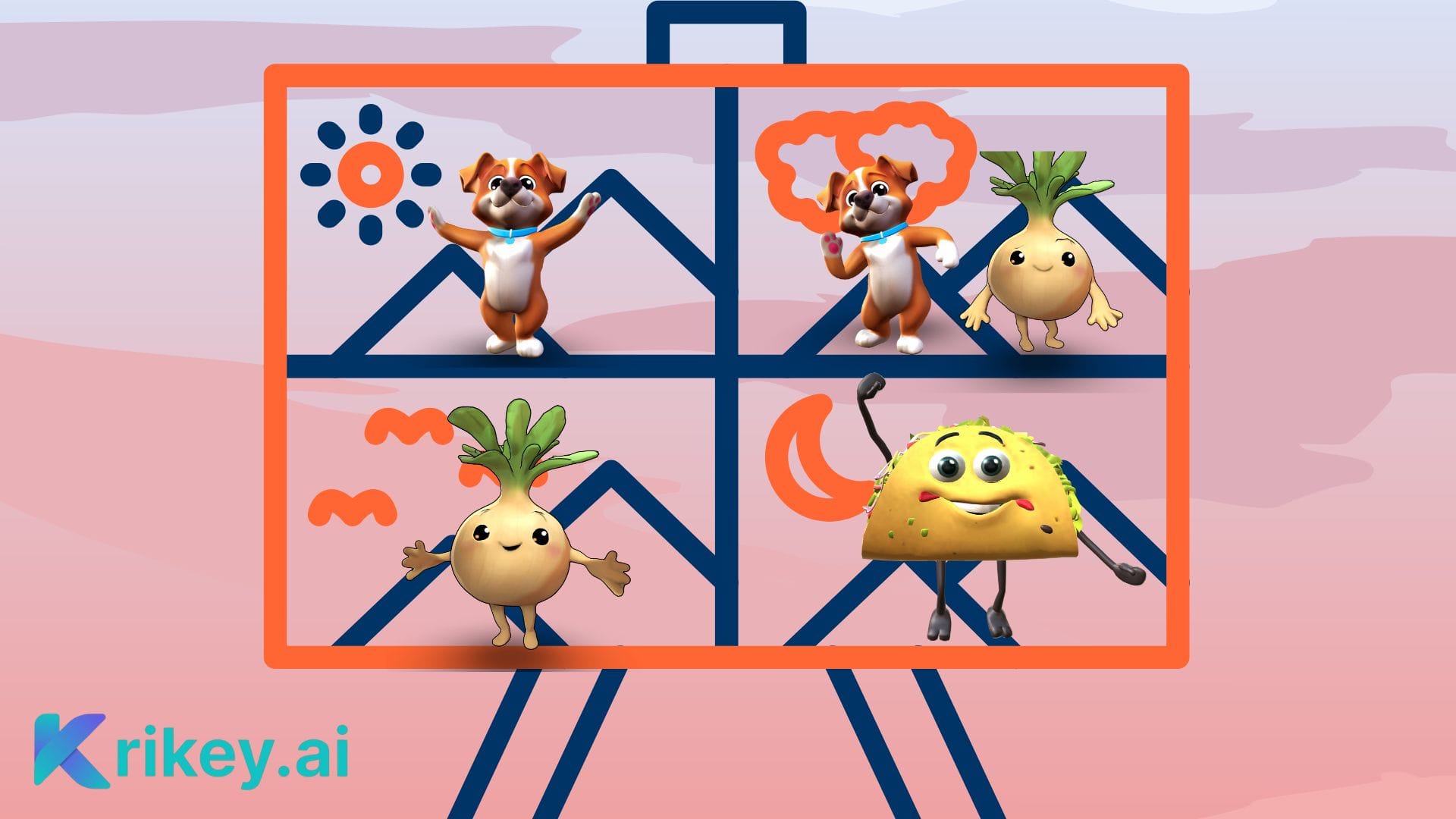 Animated characters in a storyboard demonstrating how to create a 3D cartoon