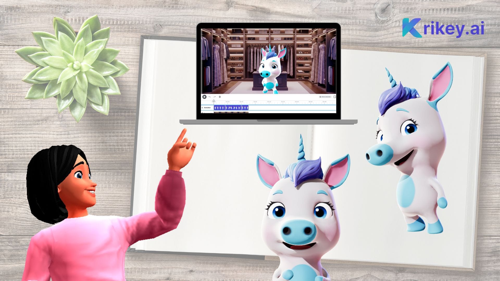 Animated characters showing how to draw a unicorn