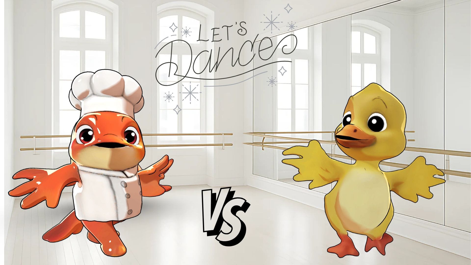 Cartoon fish and duck in a dance off as a  funny meme generated with Krikey AI