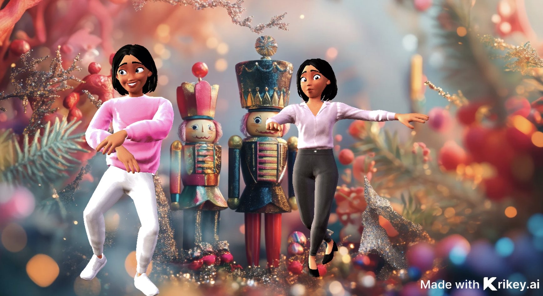 Animated characters dancing against a holiday background showing the Deep Motion AI animation options