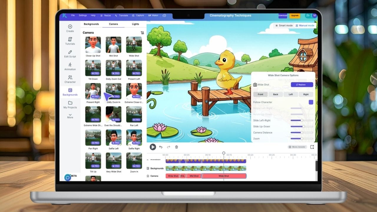 A step-by-step visual guide showing the Krikey AI interface where users can select and customize different Camera Angles and camera shots and angles for 3D animation.