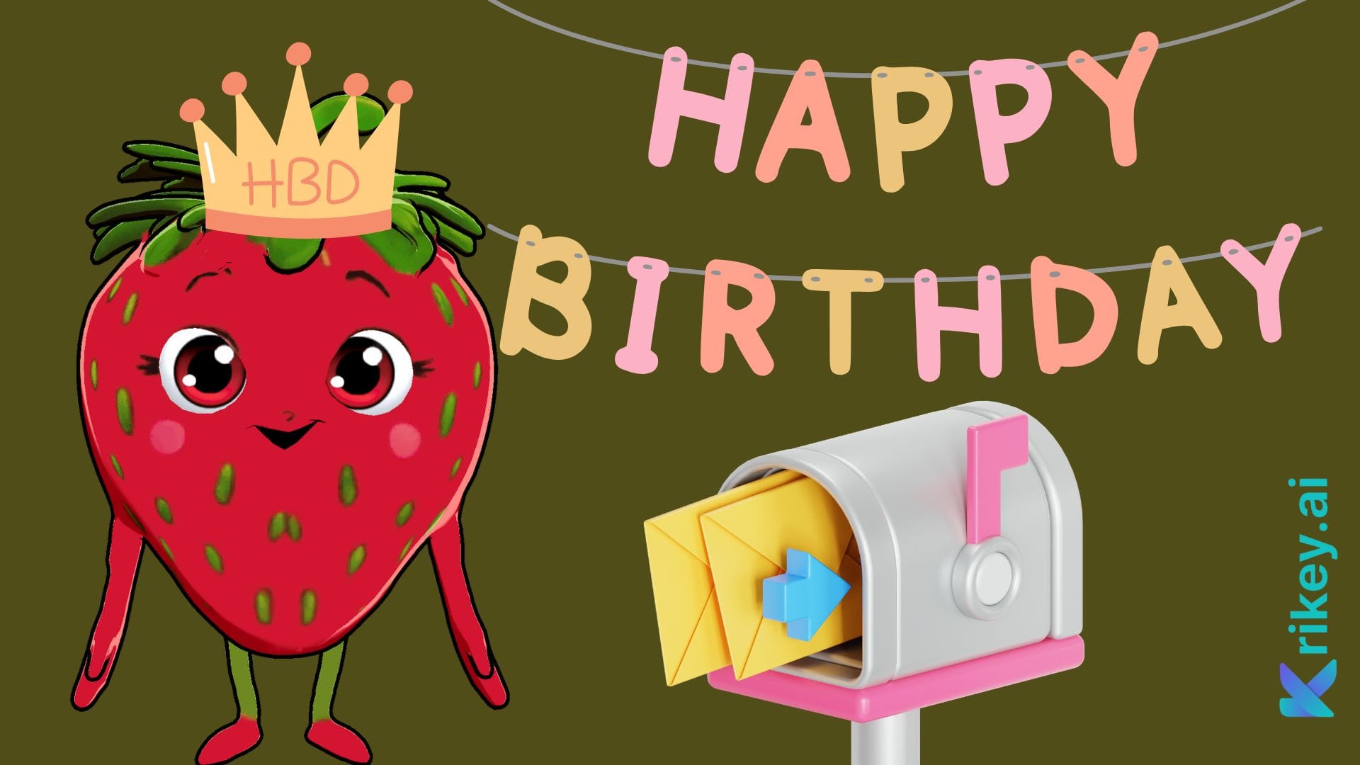 A cartoon strawberry with a birthday crown showing how to create a birthday invitation template