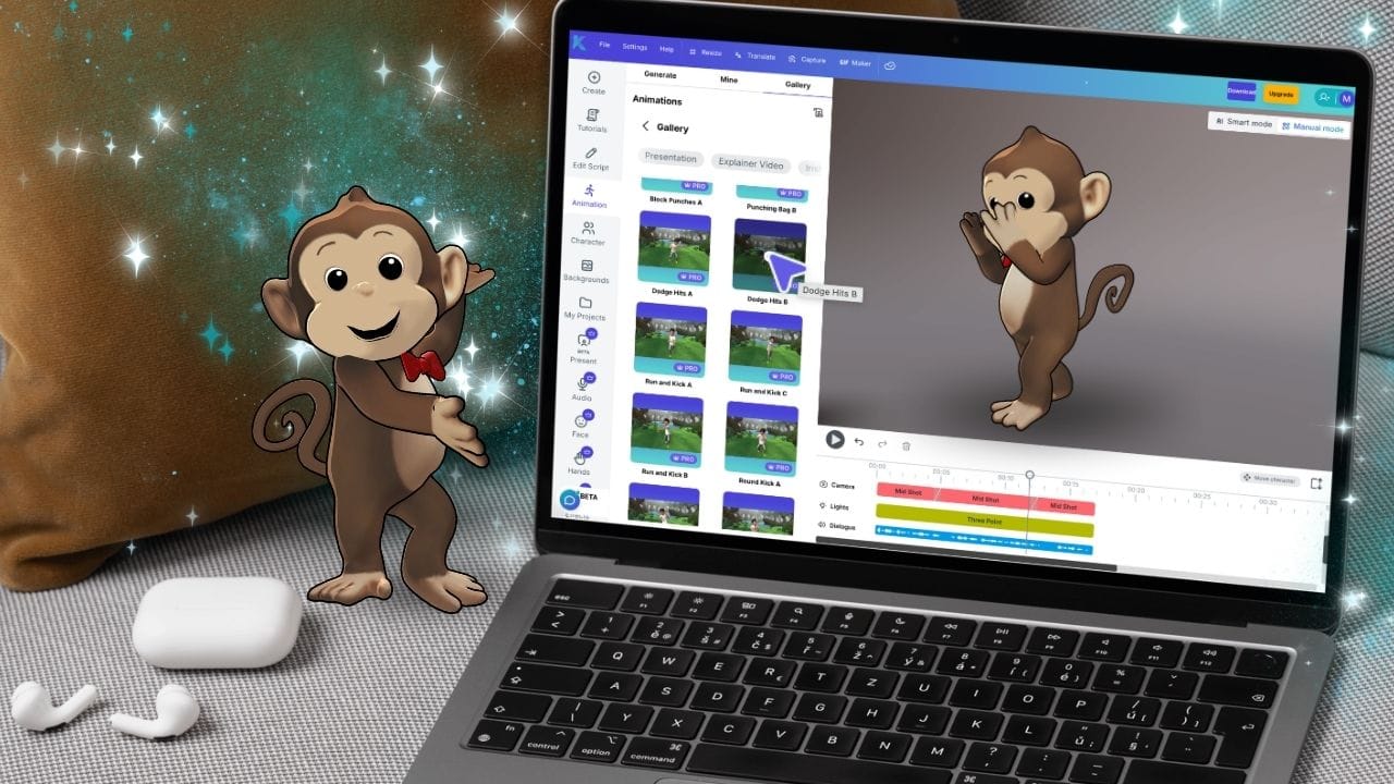 A user-friendly interface showing the Krikey AI Character Pose Generator creating a custom 3D character pose for a cartoon poster project.