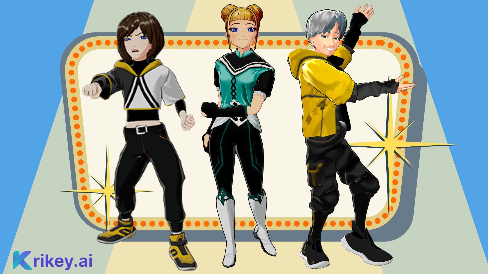 Animated anime characters against a yellow comic themed background displaying how to make any video animate