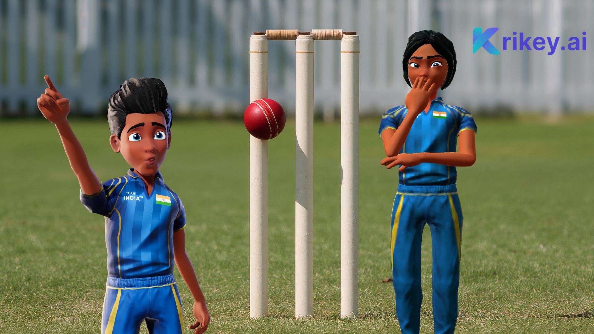 2 animated cricket players standing on a cricket field making a cricket call mid ball throw
