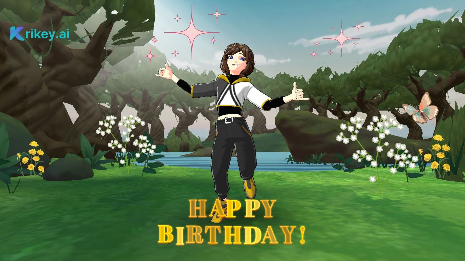 Anime character in a finished birthday card as an example of how to use the AI birthday card generator