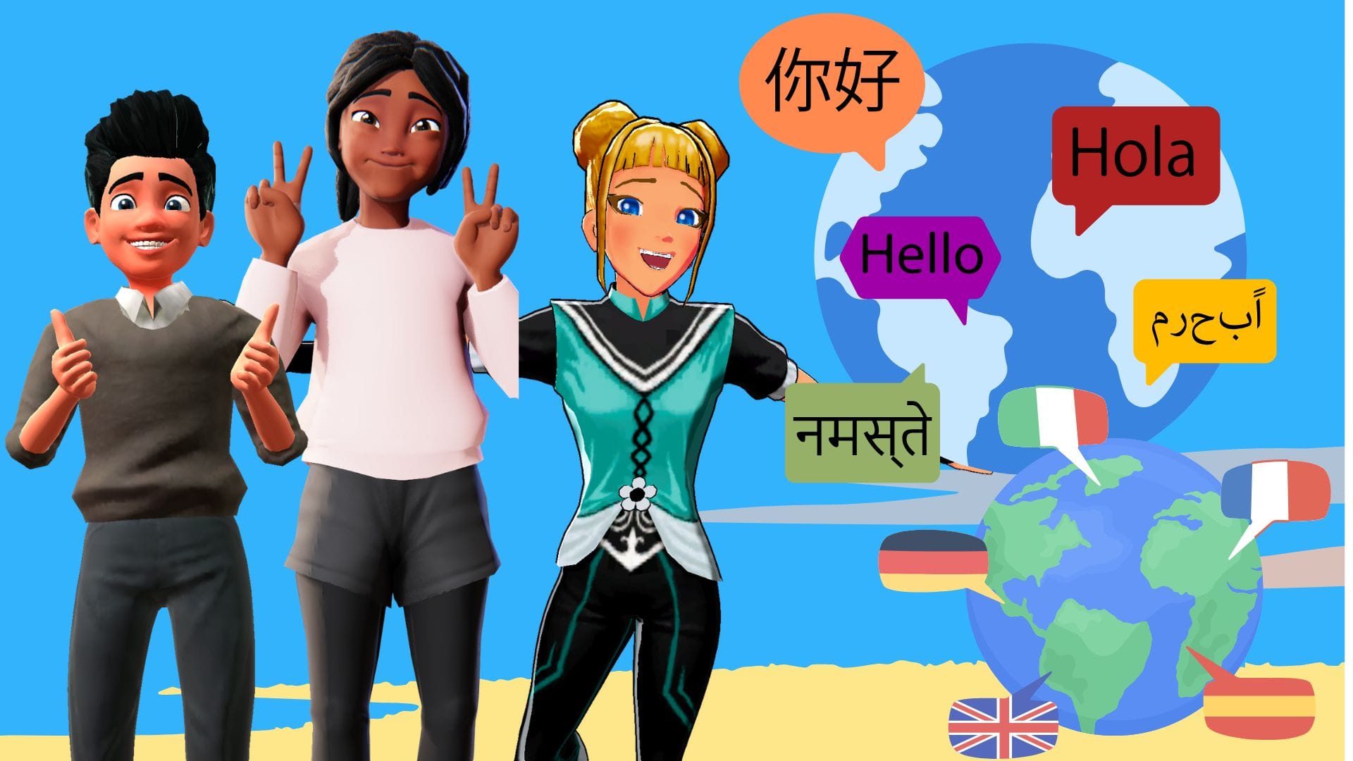 Animated characters with globes showing multiple languages for ai generated memes 