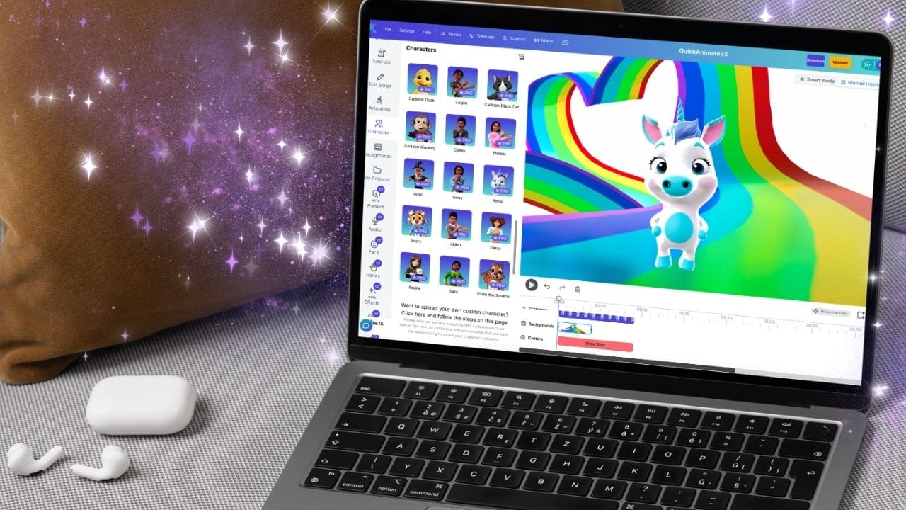 A screenshot showing the Krikey AI video editor interface with a 3D Animated Unicorn being customized with AI Animation and AI Audio tools.
