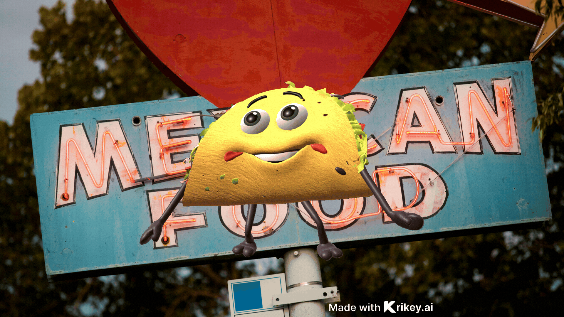 An animated taco gif dancing in front of a mexican food sign 