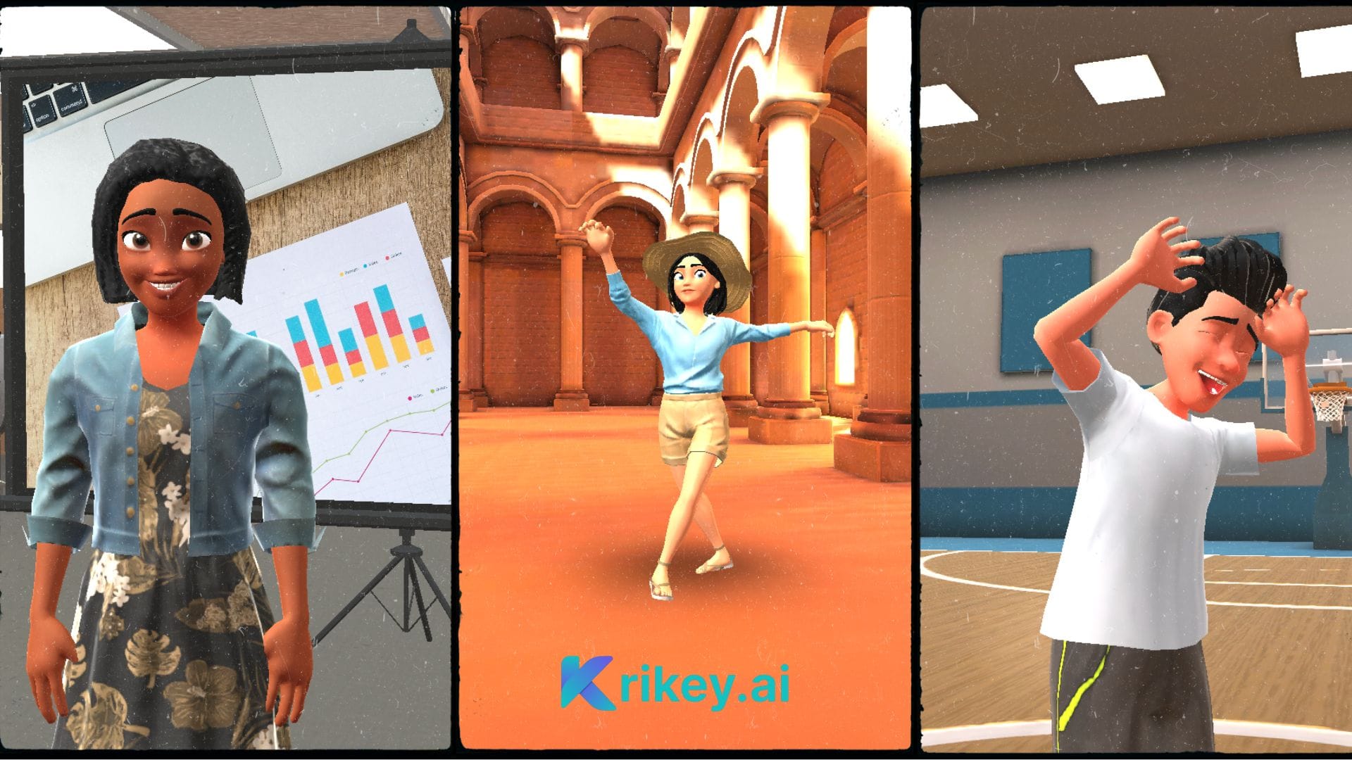 Animated characters against different 3D backgrounds demonstrating the versatility of generated memes