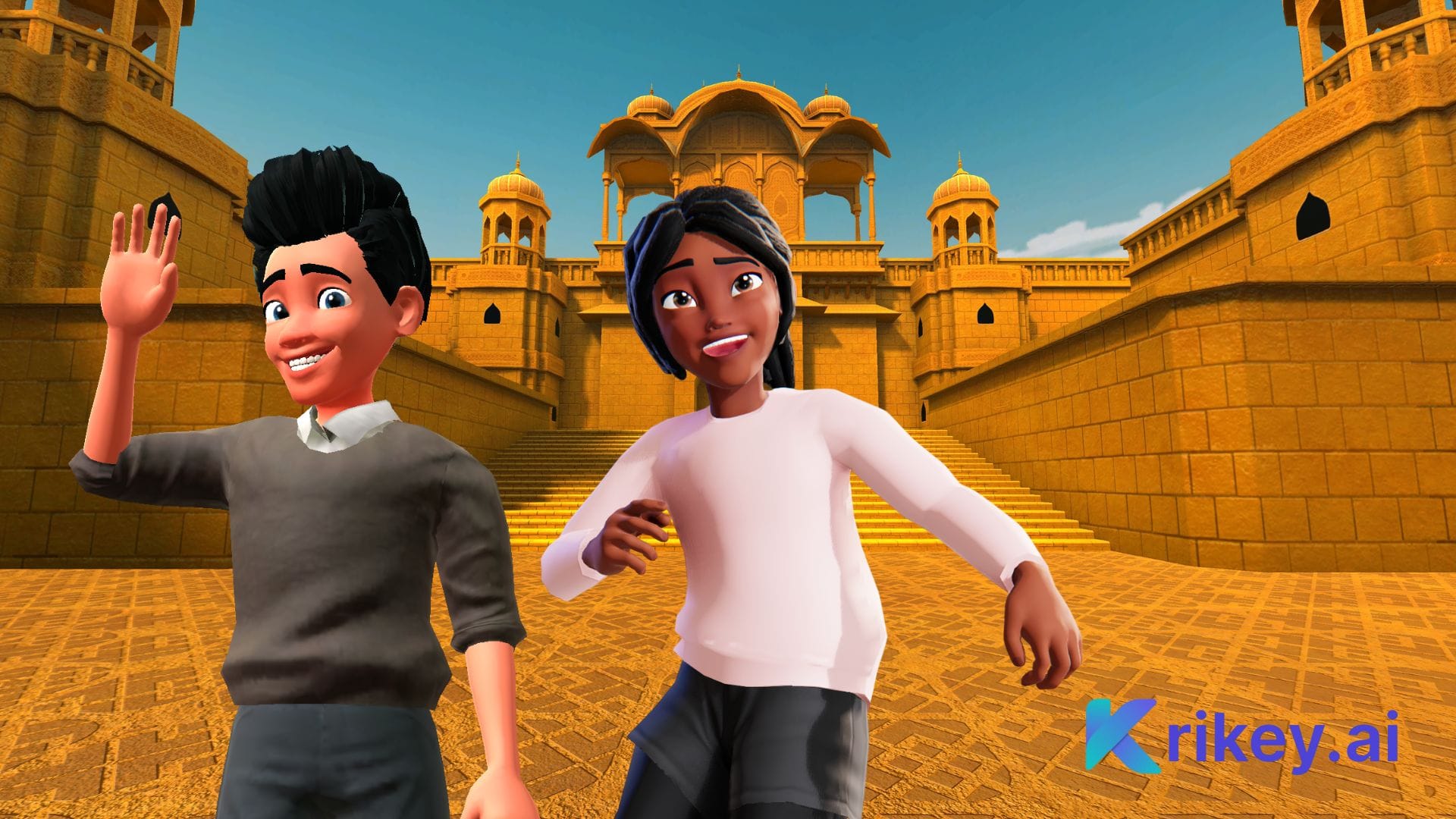 Animated man and woman standing in front of an ancient palace as an example of 3D animation