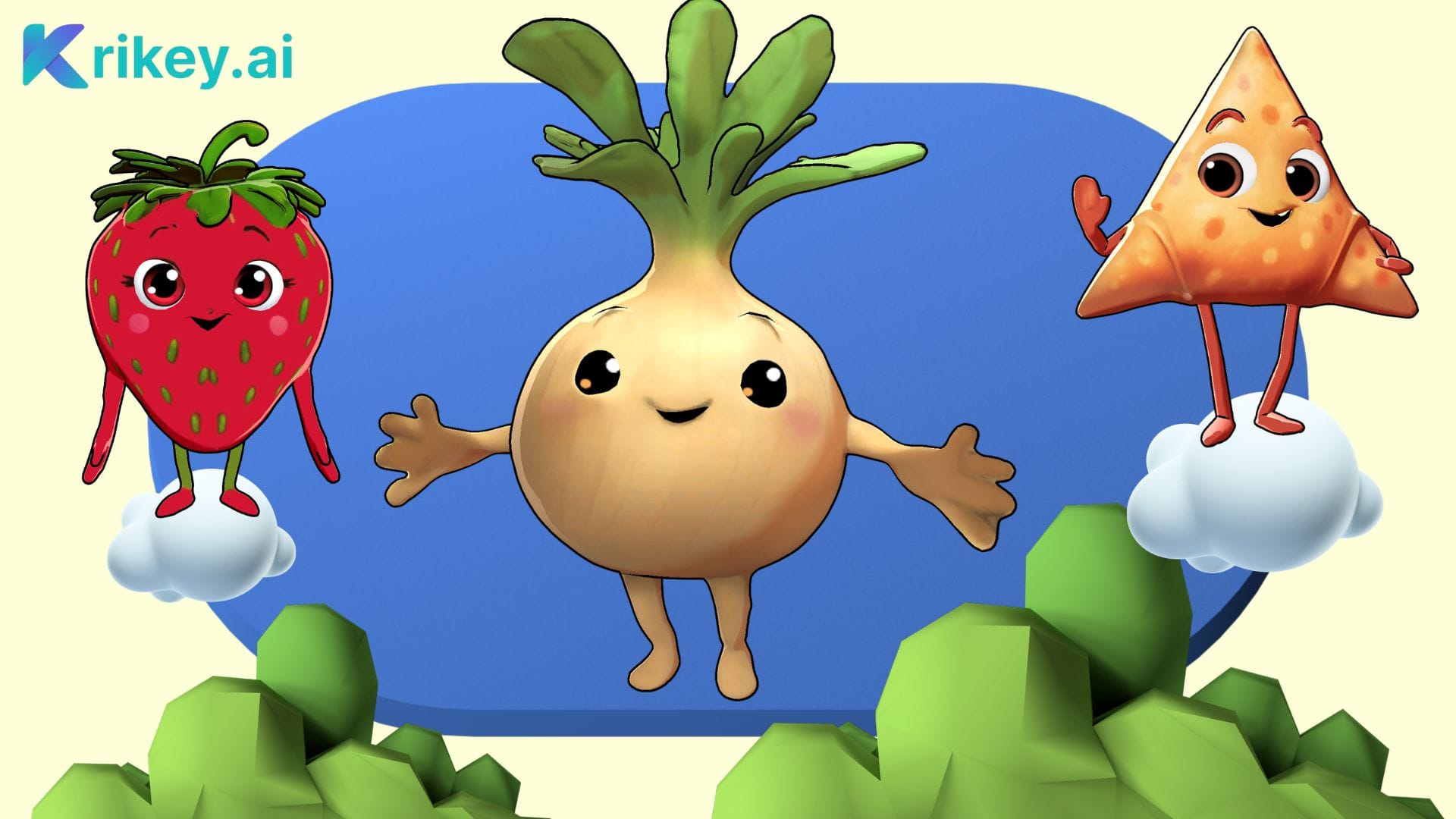 Animated characters standing against a 3D background as an example of 3D animation