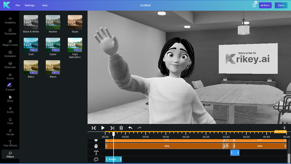Black and white filters in Krikey AI Video editor