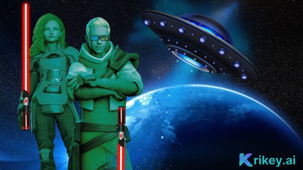 Animated characters standing with a spaceship as a backdrop for a space movie