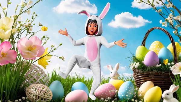 Easter Egg Hunt invitation with animated bunny cartoon characters Krikey AI