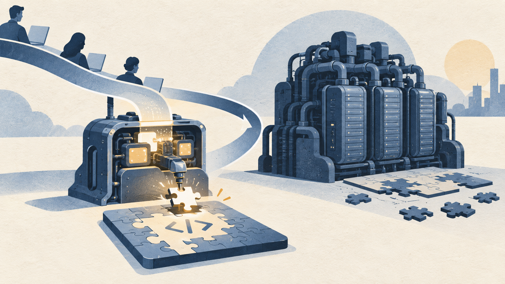 Editorial illustration of a compact computing engine solving a coding puzzle