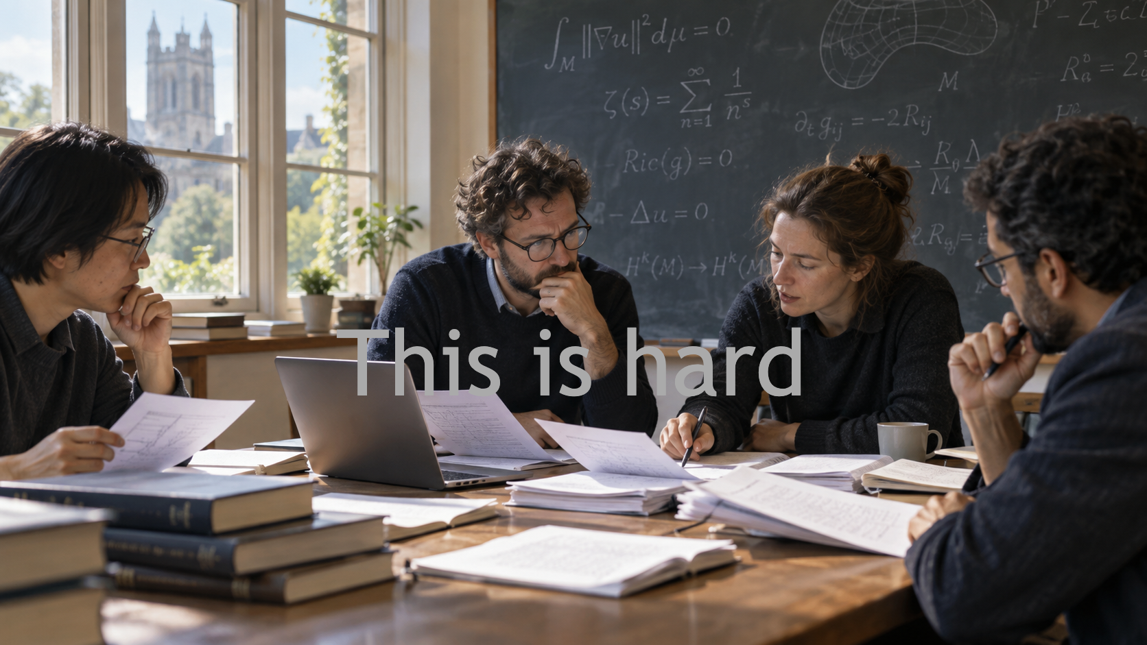AI-generated editorial illustration of mathematicians reviewing research