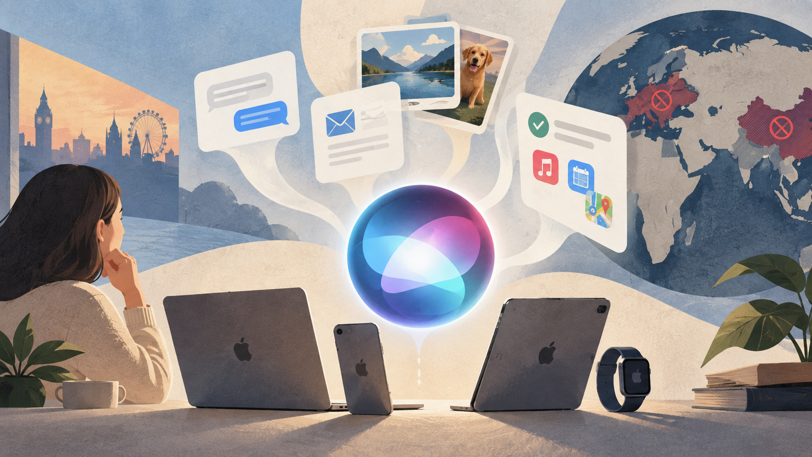 Editorial illustration of Siri connecting information and actions across Apple devices