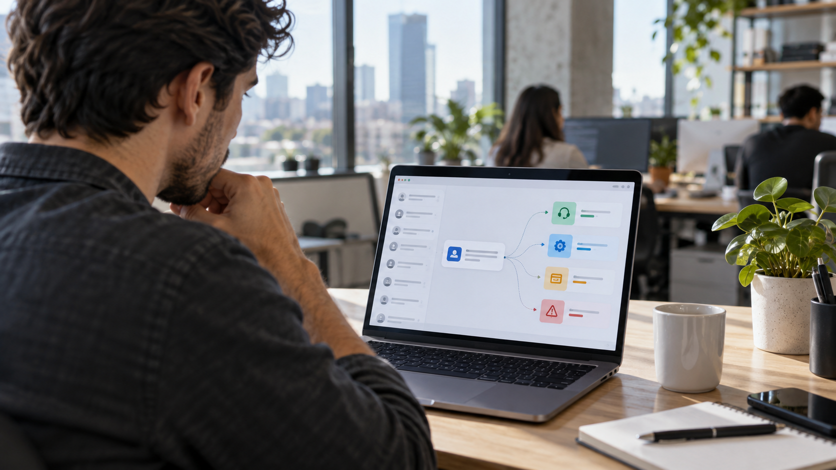 Anonymous software engineer in a modern office reviewing a customer-support routing interface with simple colored queues and decision branches, realistic laptop and desk, natural light, conceptual illustration