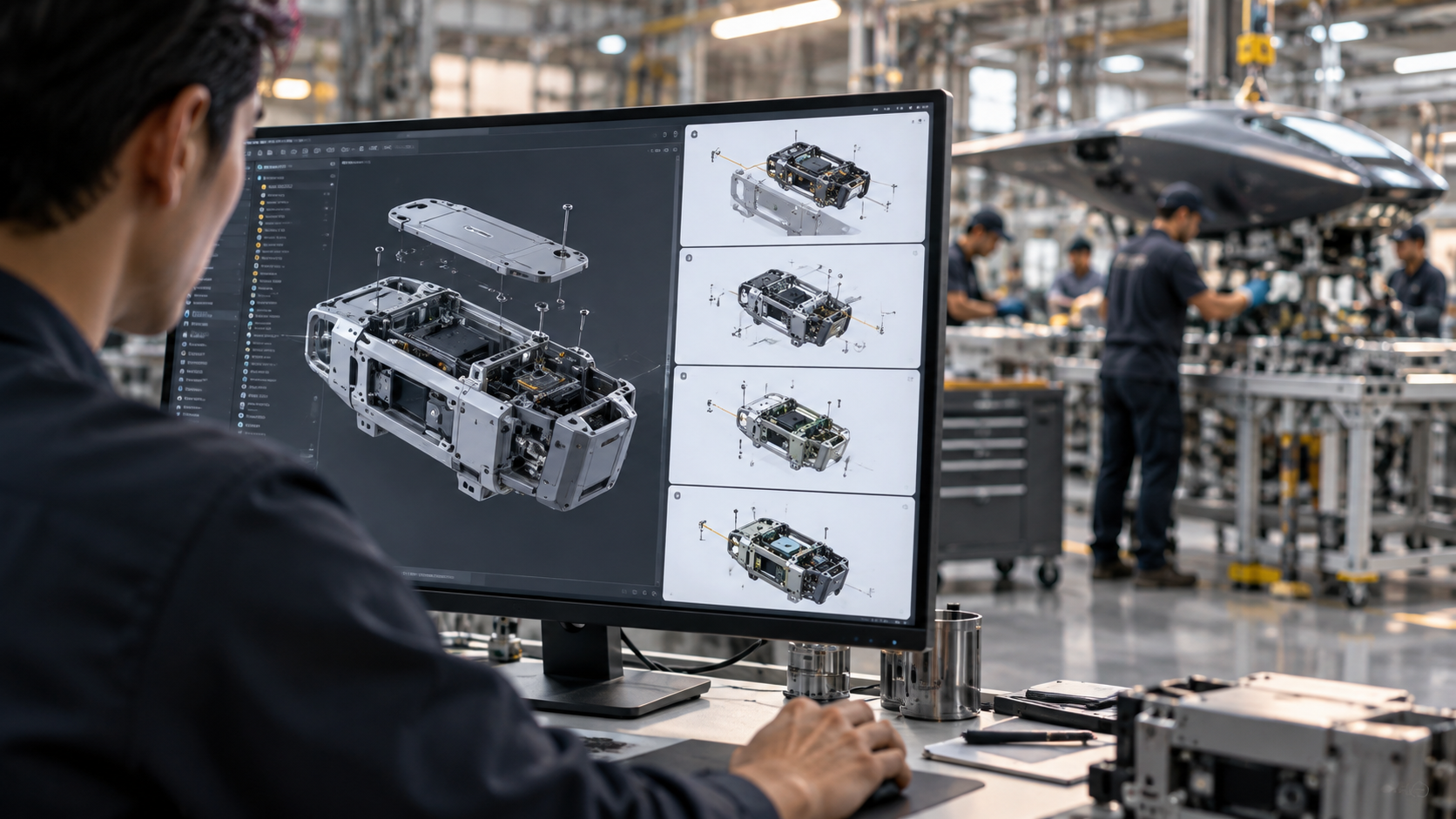 Conceptual illustration of an engineer using AI-assisted assembly plans