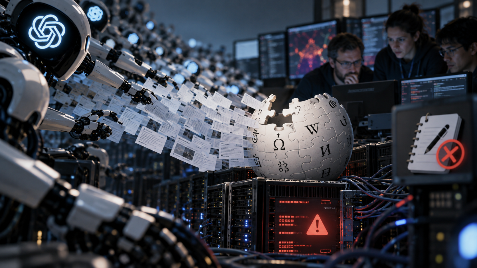 Conceptual illustration for Wikipedia Gets an Uninvited Bot Cleanup Shift
