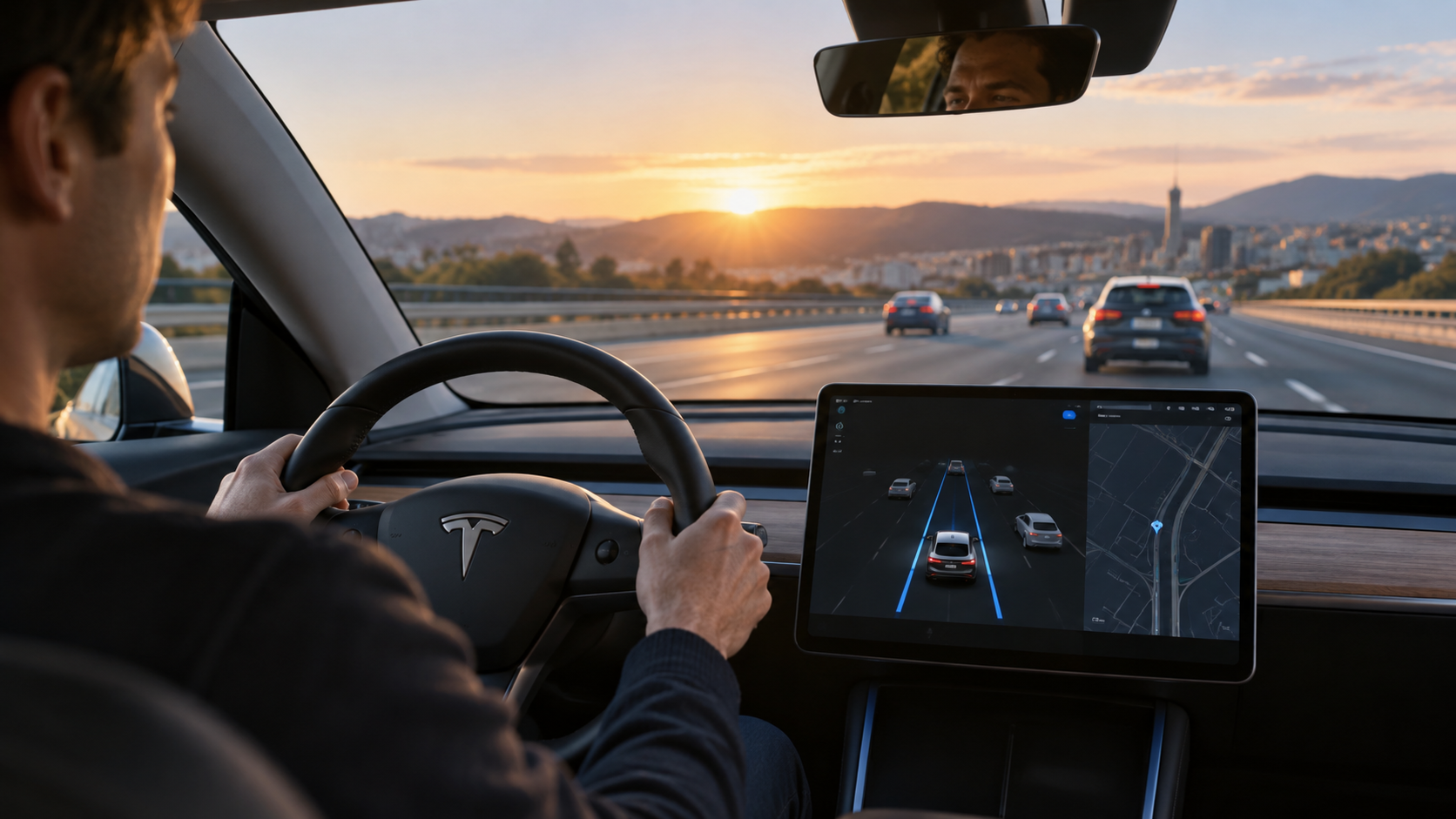 Conceptual illustration of a driver supervising a Tesla on a European road
