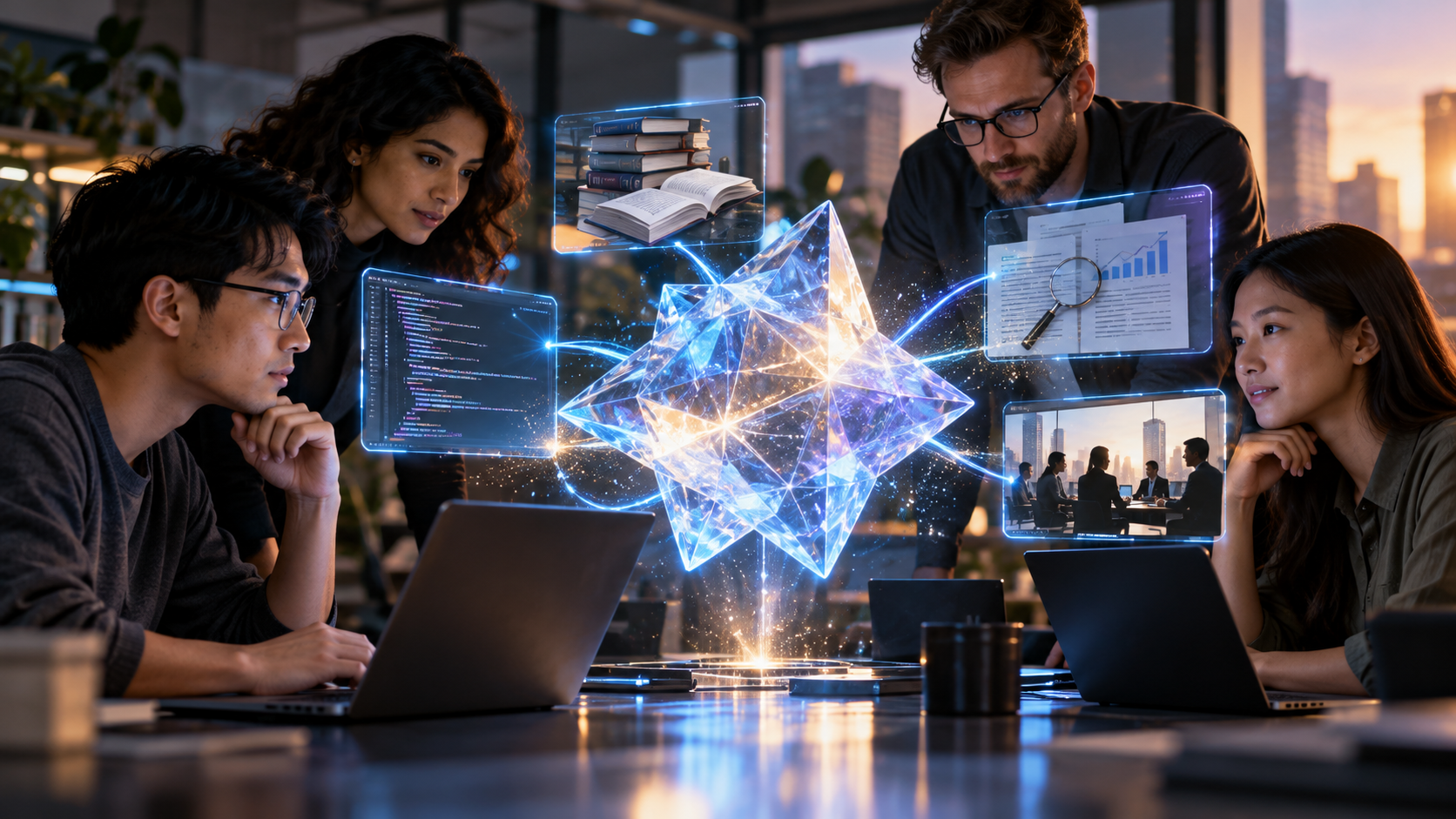 Conceptual illustration of professionals working with a shared AI model