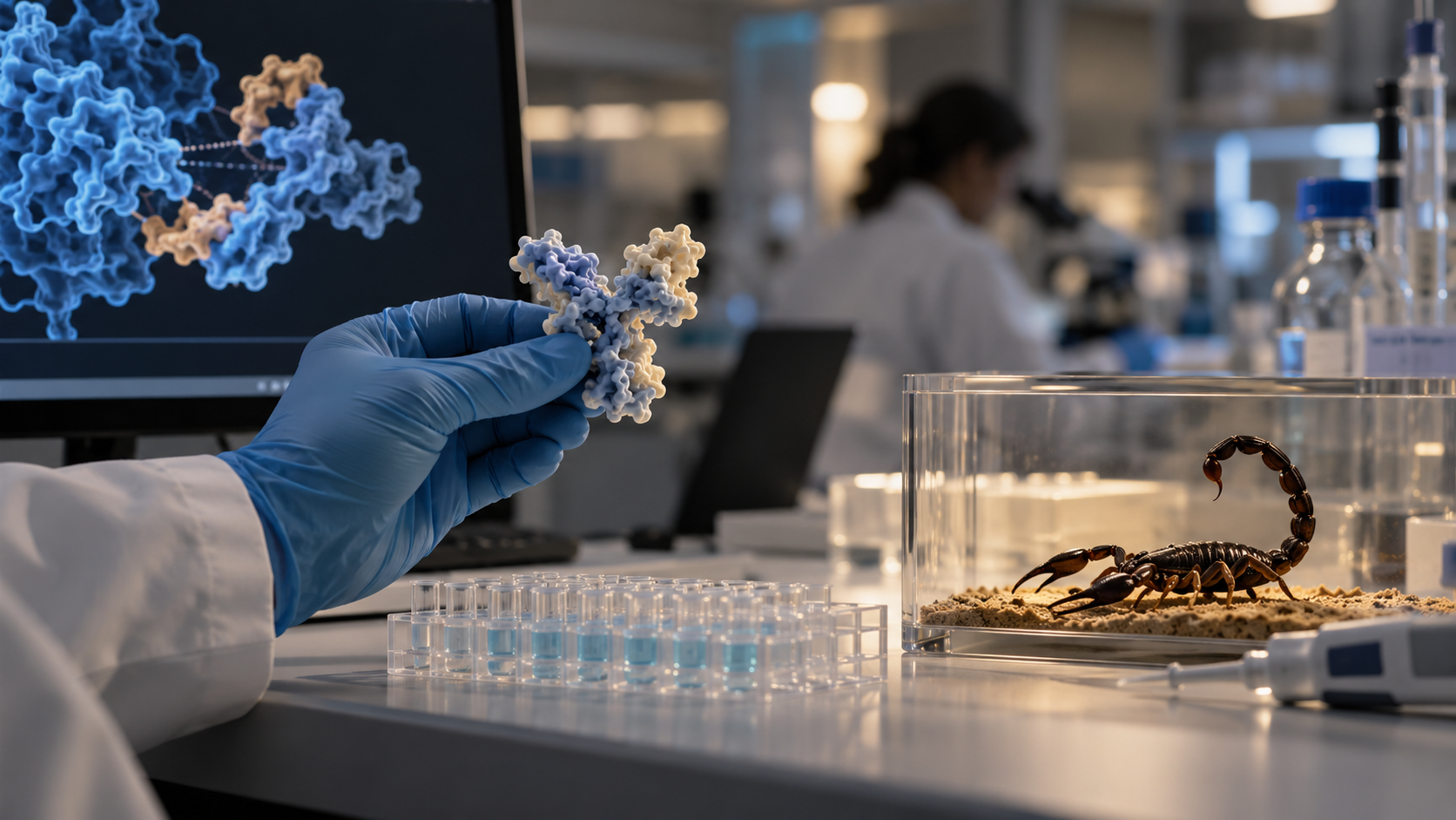 Conceptual illustration of laboratory testing of proteins targeting scorpion toxins