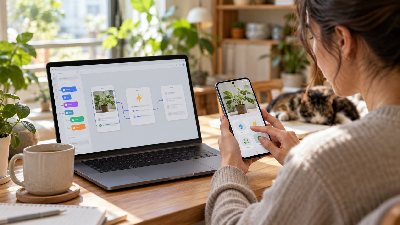 Conceptual illustration of a person testing a personal app beside a laptop
