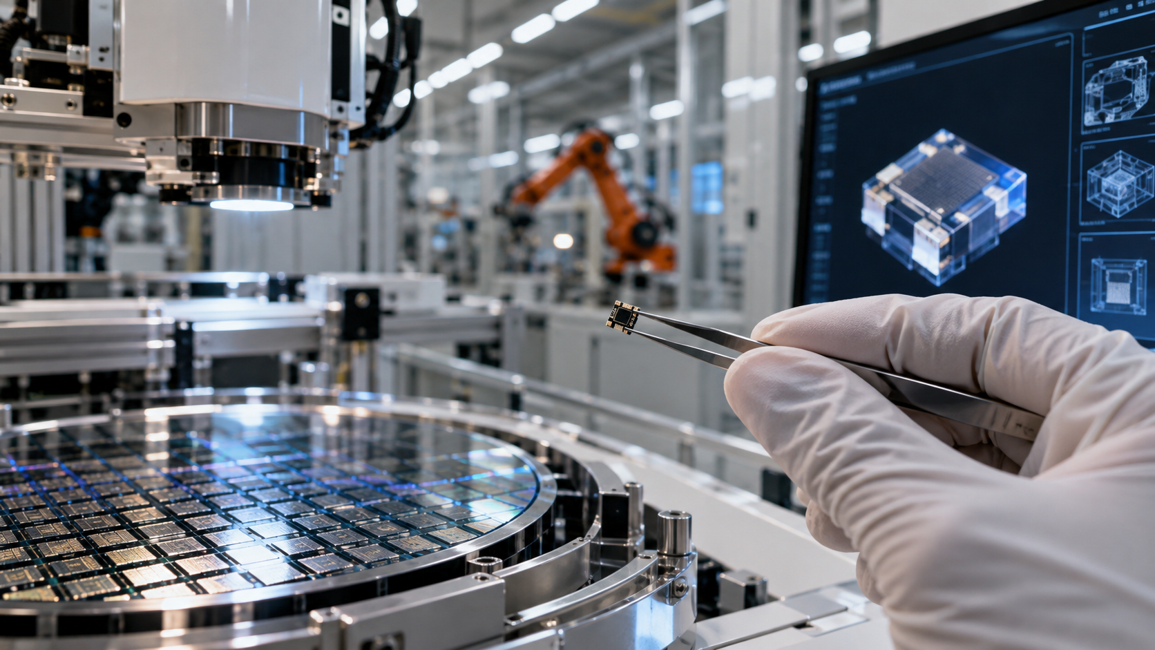 Conceptual illustration of precision manufacturing and a tiny device