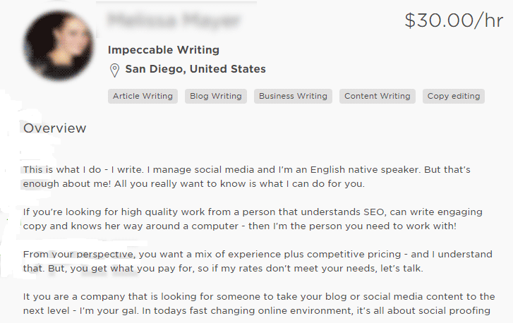 Upwork CV with three most important elements of your Upwork profile – job title, photo, and overview
