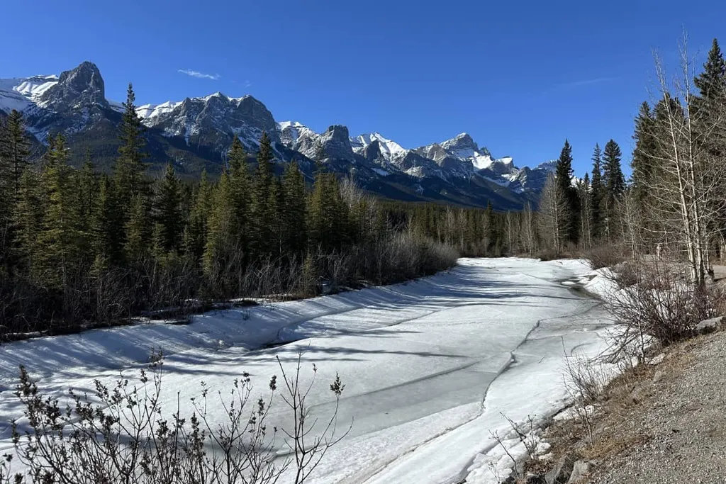 Ice and snow along the Bow River in Canmore, with forest and snow-covered mountains beyond.