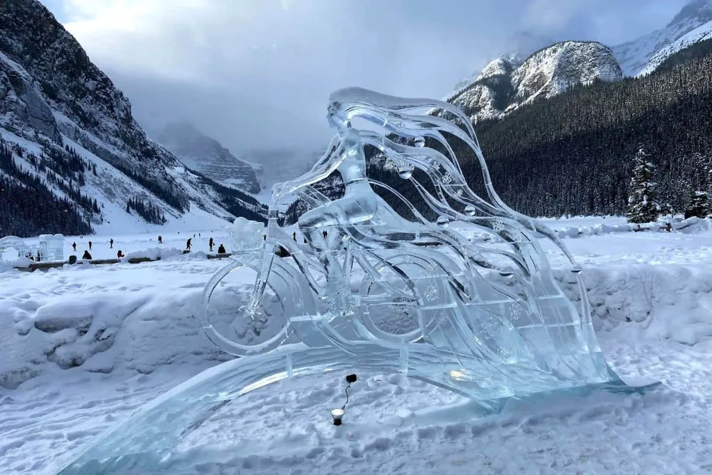 Ice Sculpture Of Lady On A Bike At Ice Magic Lake Louise Festival Banff National Park