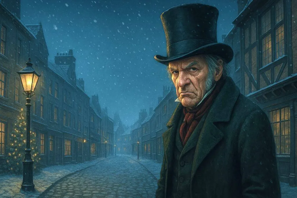 A Cartoon Image Of Scrooge On A Snowy Victorian Street Represents Production Of A Christmas Carol In Banff