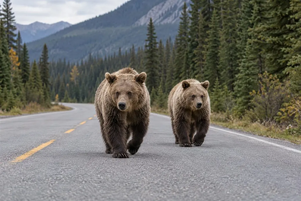 grizzly bears walking on a road in jasper