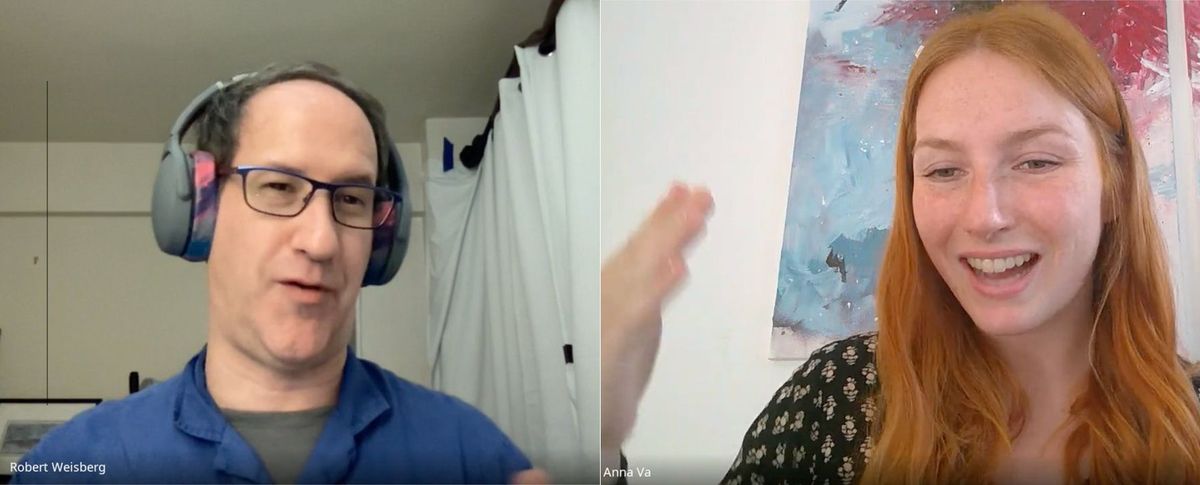 two people in a video chat: a man in a room with curtains, a woman with artwork behind her