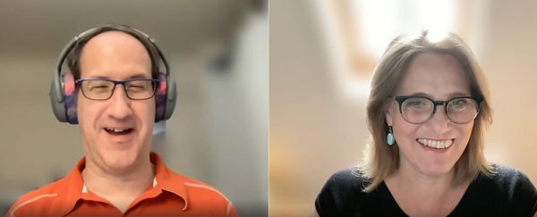 a split screen of a man and woman speaking in a video chat