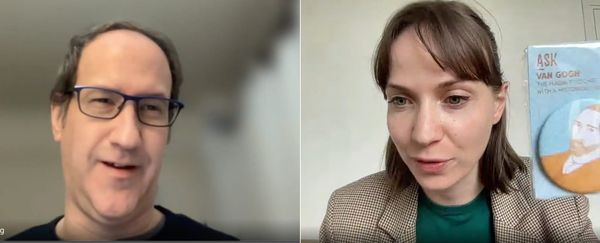 a split screen of a video call with a man and a woman, the latter holding up a large button with an image of Vincent Van Gogh