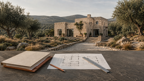 Architectural plans for a stone house in the Val di Noto countryside.