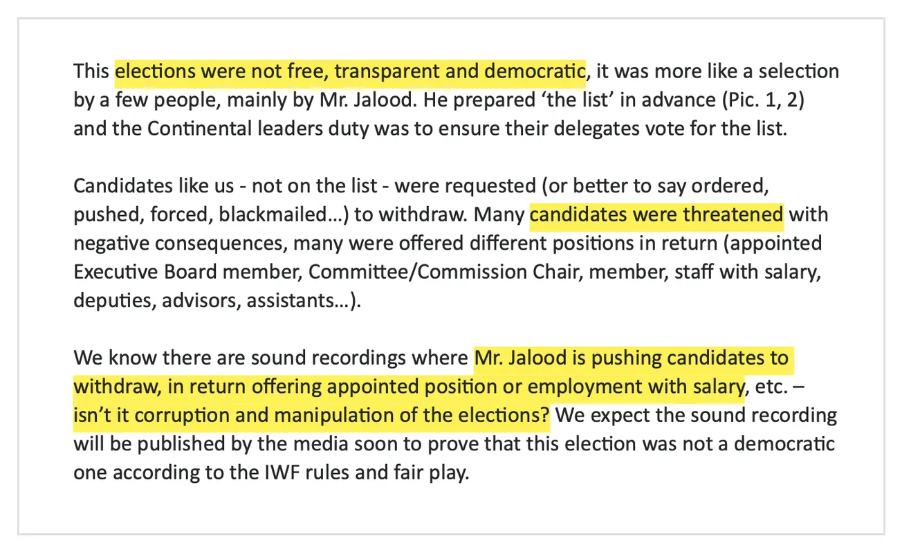 Ethics complaint against the IWF president: "Elections were not free, it was more like a selection by a few people, mainly by Mr. Jalood"