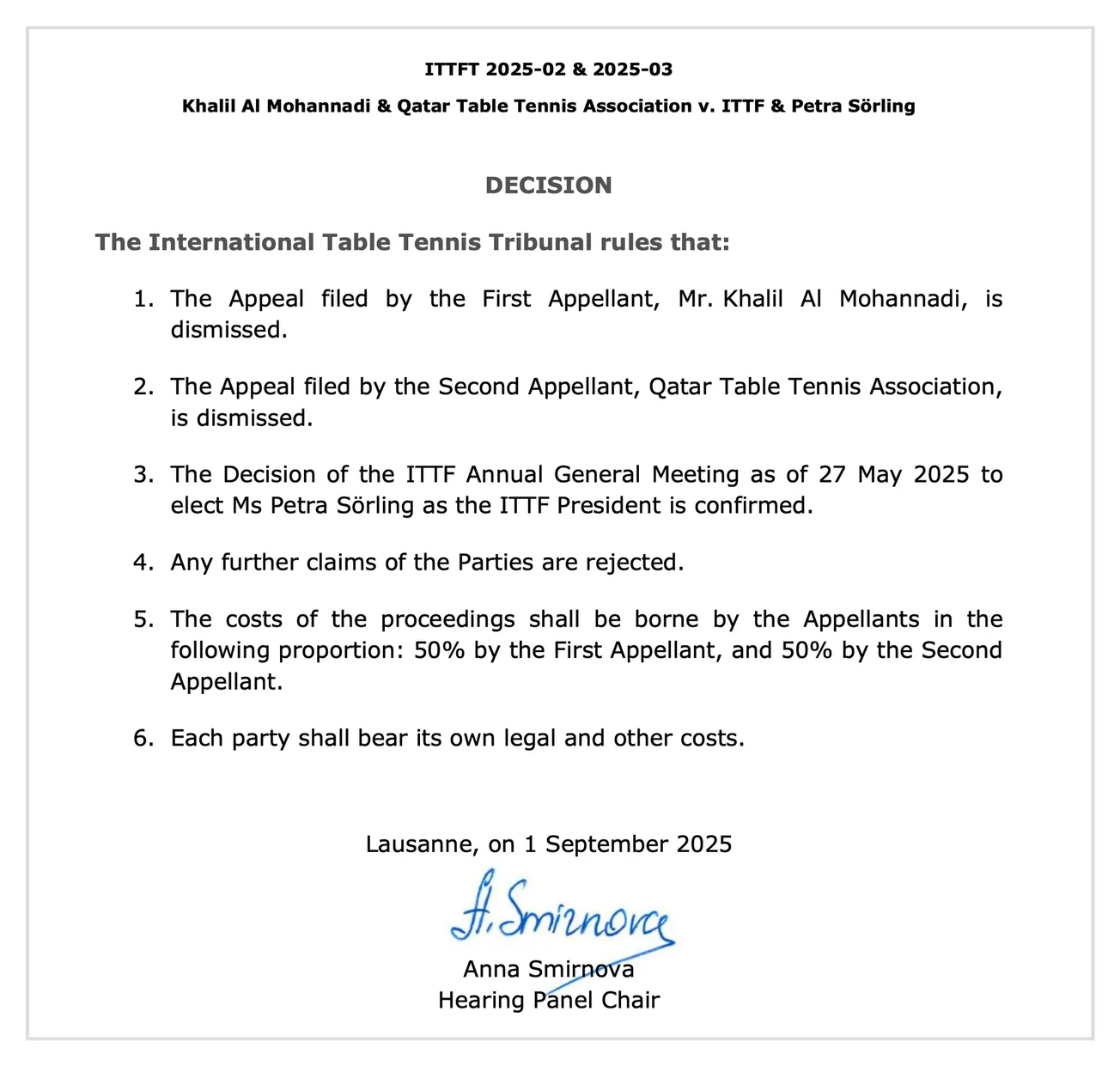 ITTF Tribunal dismisses appeal by Khalil Al-Mohannadi and QTTA and declares May 2025 election lawful