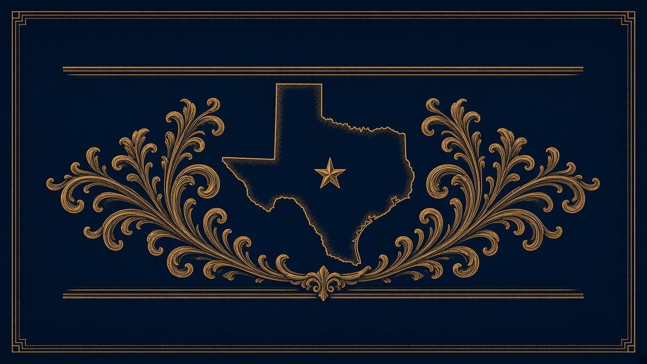 Engraved gold outline of Texas with a lone star