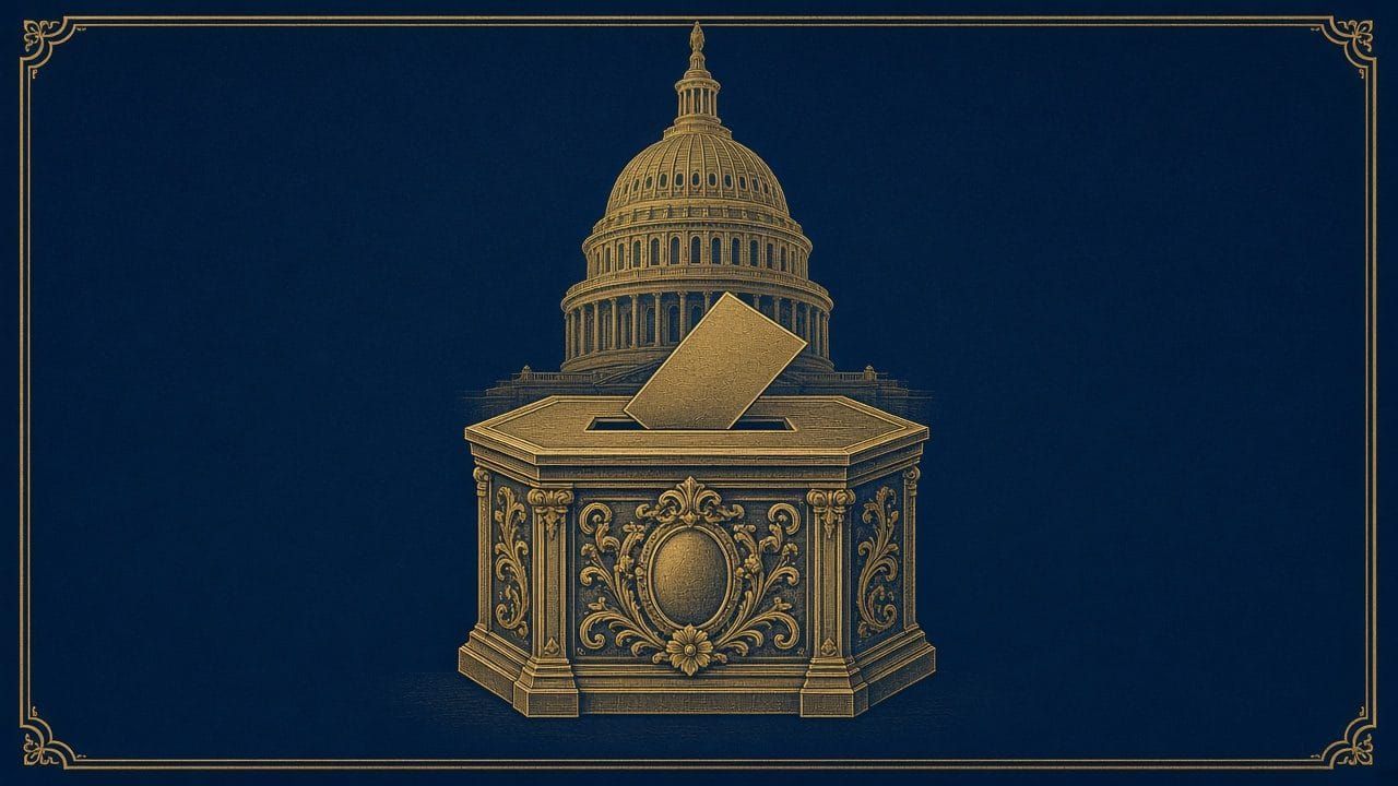 Engraved gold ballot box before the U.S. Capitol dome
