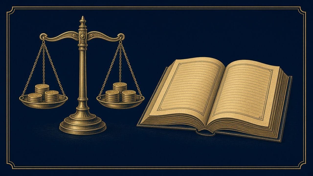 Engraved balance scales with coins and a ledger