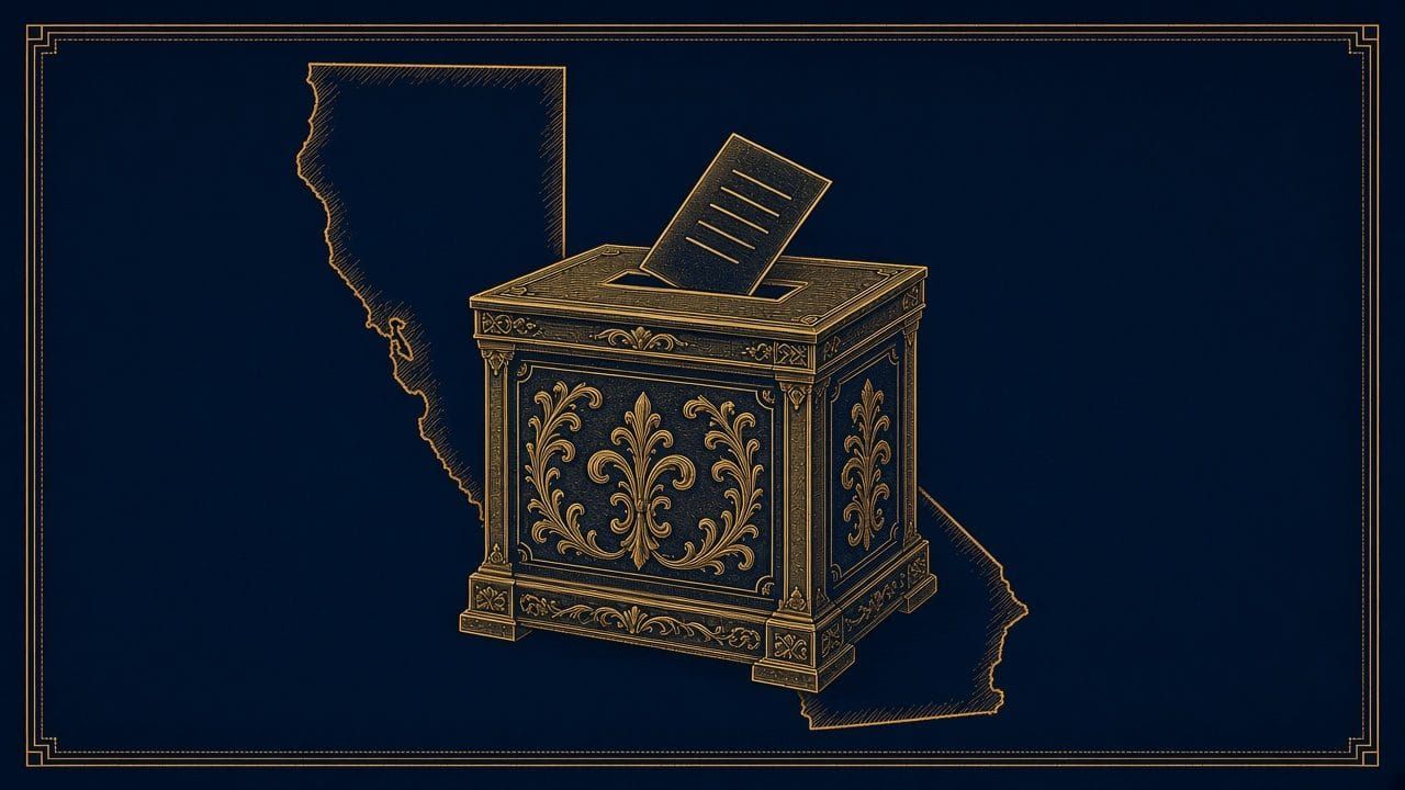 Engraved gold ballot box before an outline of California