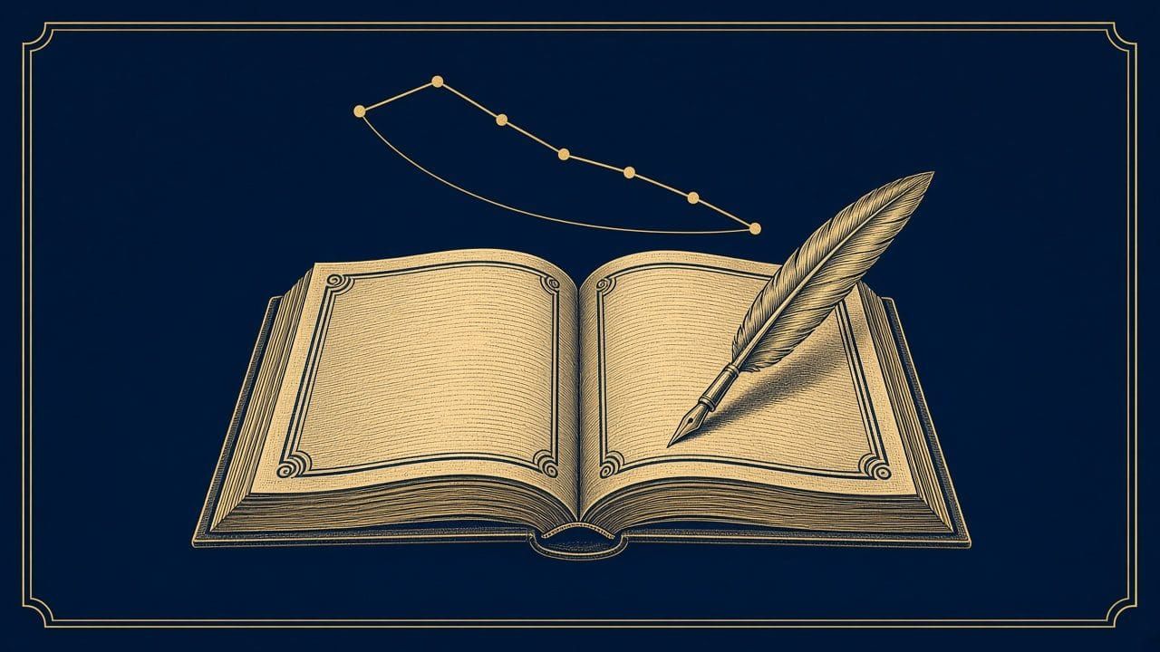 Engraved ledger and quill with a declining chart line
