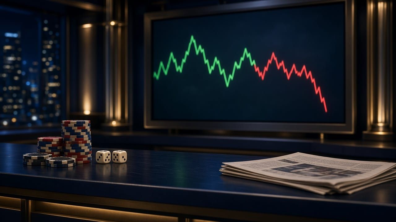 Empty TV news desk at night with poker chips, dice and a newspaper in front of a screen showing a jagged up-and-down line.