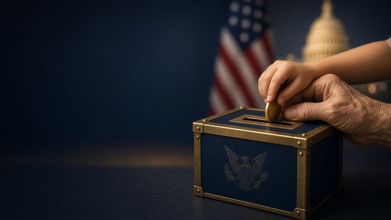 A child's hand and an elderly hand drop a gold coin into a navy savings box marked with an eagle, with the American flag and Capitol dome behind.